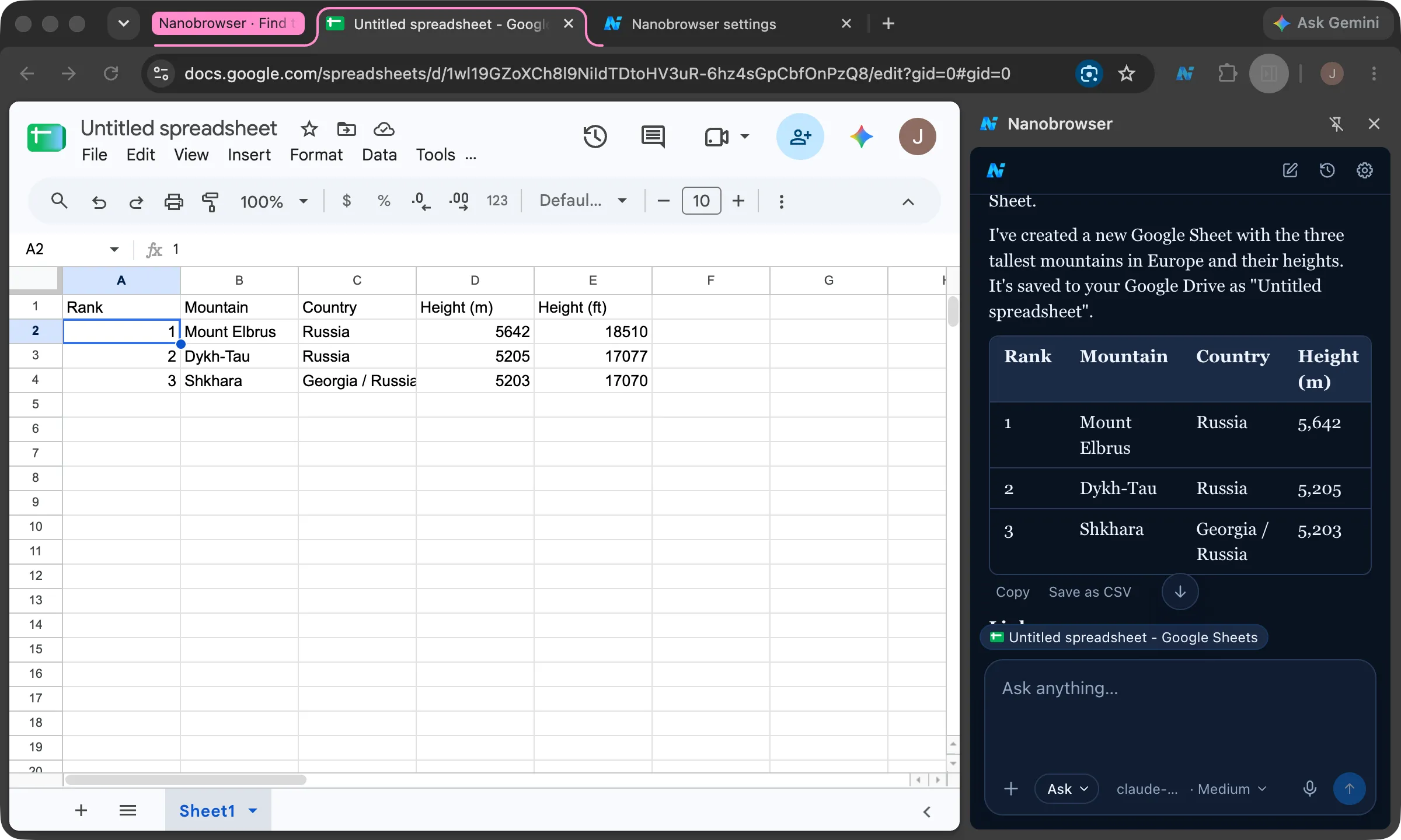 Nanobrowser's side panel next to a Google spreadsheet it made, with a table of the three tallest mountains in Europe