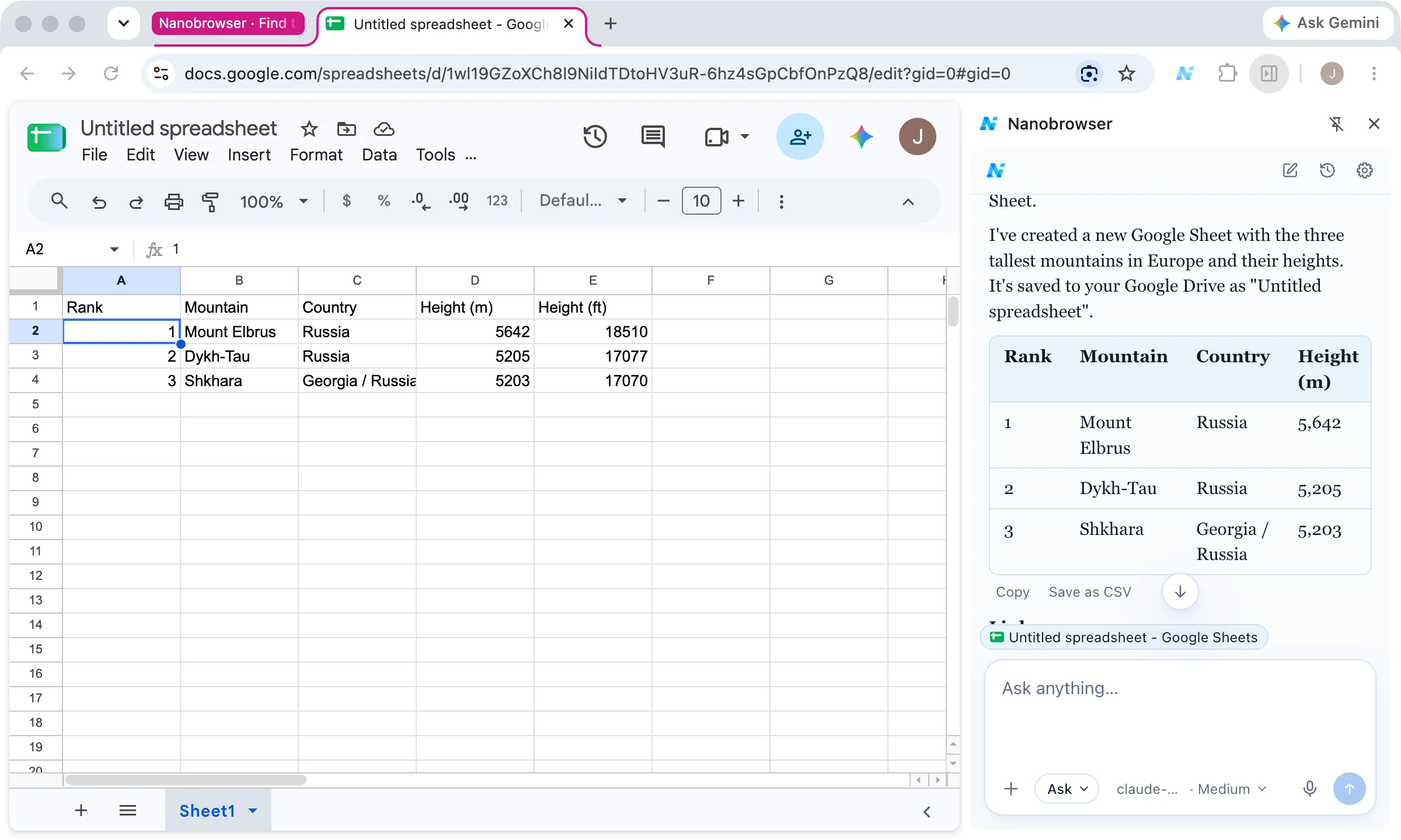 Nanobrowser's side panel next to a Google spreadsheet it made, with a table of the three tallest mountains in Europe