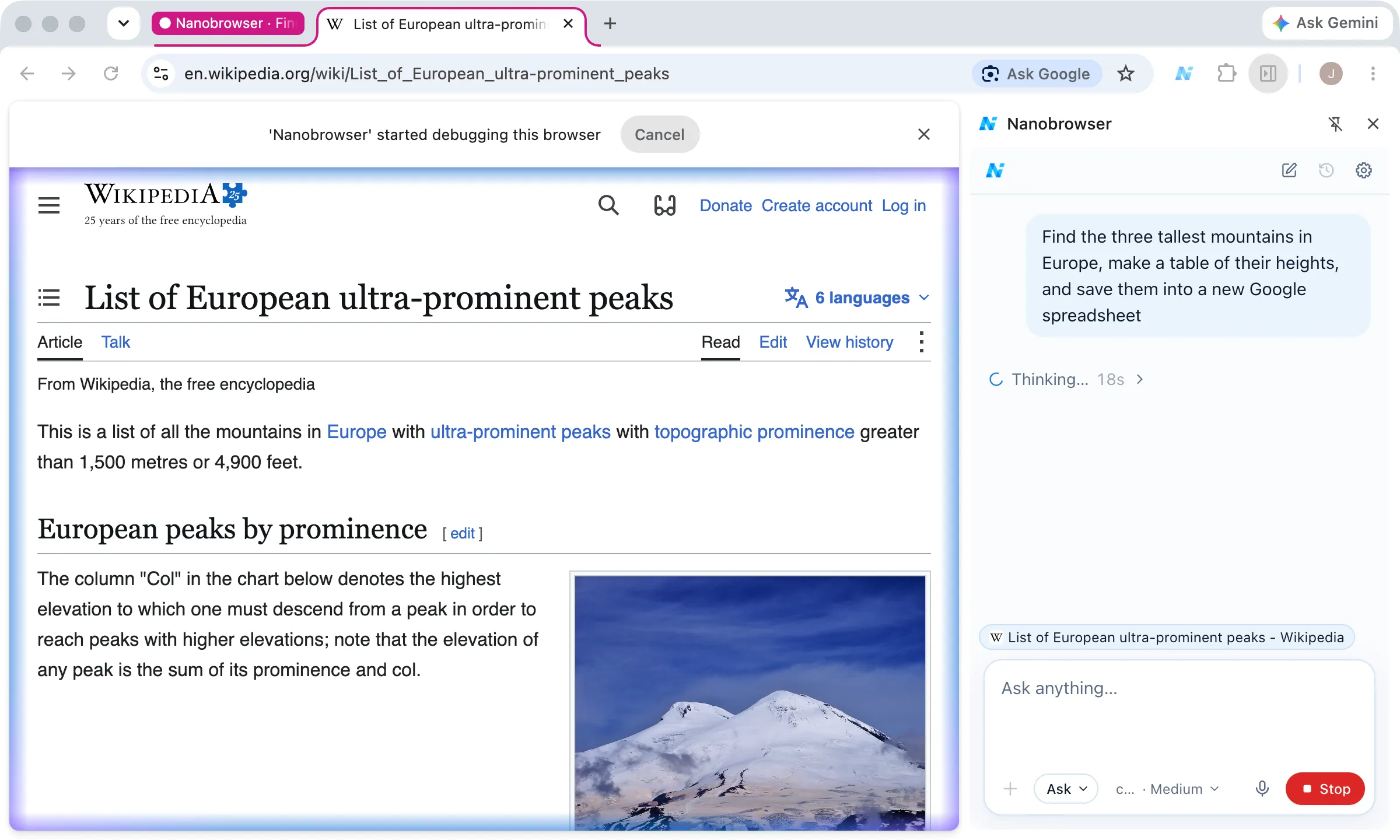 A task at work: its tab group in the tab strip, a glowing border around the Wikipedia page the agent is reading, and the task in the side panel with a Stop button
